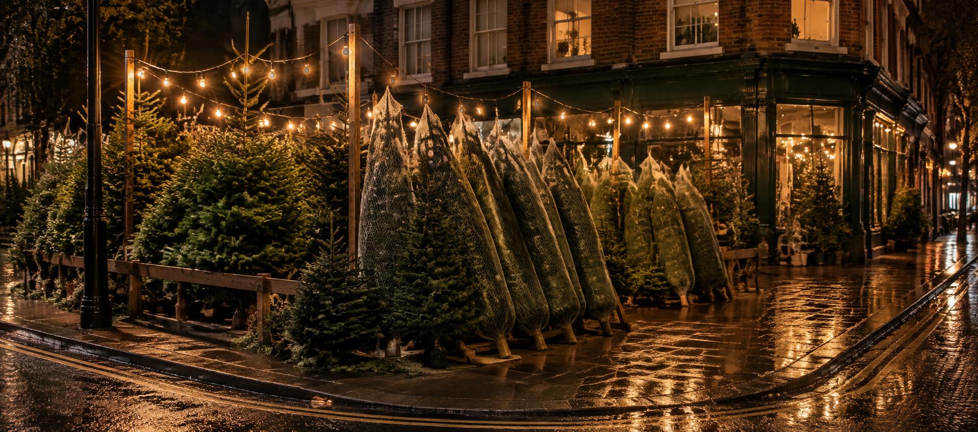 The Pukka Pines stand at night on the corner of Downham Road and Southgate Road, warm bulbs strung above rows of netted fir trees